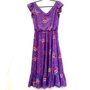 Vtg 90s Y2K Floral Fairy Grunge Midi Dress M Purple Flutter Dainty Ruffle Hem
